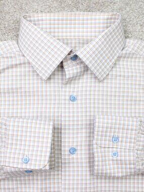 David Donahue Shirt Mens 15.5, 34/35 Beige/Blue Checkered Trim Fit Long Sleeve